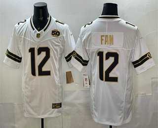 Men%27s Seattle Seahawks #12 Fan White Gold 2025 FUSE 50th Season Patch Limited Stitched Jersey Dzhi->seattle seahawks->NFL Jersey