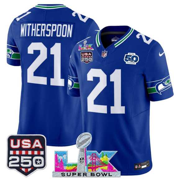 Men%27s Seattle Seahawks #21 Devon Witherspoon Royal 2025 F.U.S.E. Super Bowl LX Patch And 50th Season & USA 250%27 Patch Vapor Throwback Limited Stitched Jersey->seattle seahawks->NFL Jersey