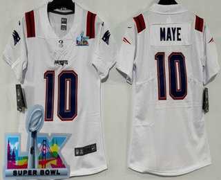 Women%27s New England Patriots #10 Drake Maye Limited White Super Bowl LX Vapor Jersey->new england patriots->NFL Jersey