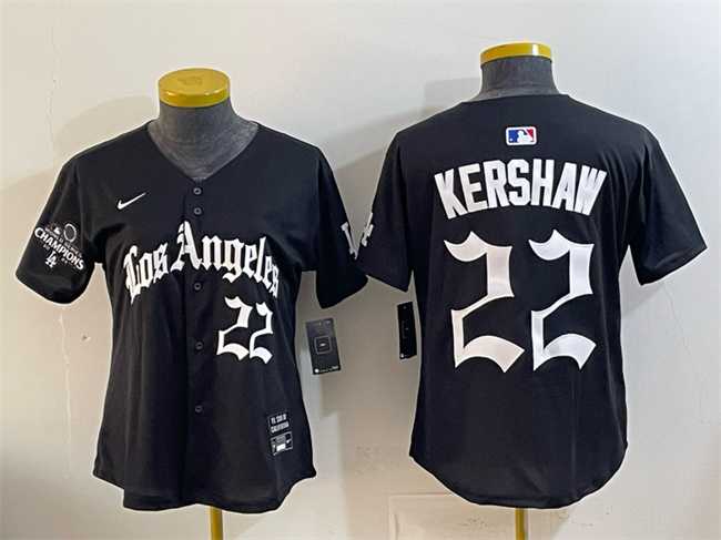 Women%27s Los Angeles Dodgers #22 Clayton Kershaw Black 2025 World Series Champions LA Gothic Edition Limited Stitched Jersey Dzhi->mlb womens jerseys->MLB Jersey