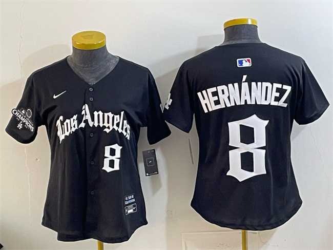 Women%27s Los Angeles Dodgers #8 Enrique Hernandez Black 2025 World Series Champions LA Gothic Edition Limited Stitched Jersey Dzhi->mlb womens jerseys->MLB Jersey