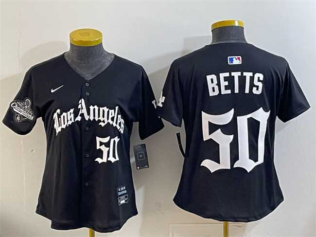 Women%27s Los Angeles Dodgers #50 Mookie Betts Black 2025 World Series Champions LA Gothic Edition Limited Stitched Jersey Dzhi->mlb womens jerseys->MLB Jersey