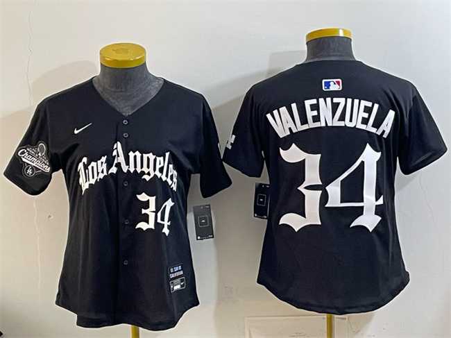 Women%27s Los Angeles Dodgers #34 Fernando Valenzuela Black 2025 World Series Champions LA Gothic Edition Limited Stitched Jersey Dzhi->mlb womens jerseys->MLB Jersey