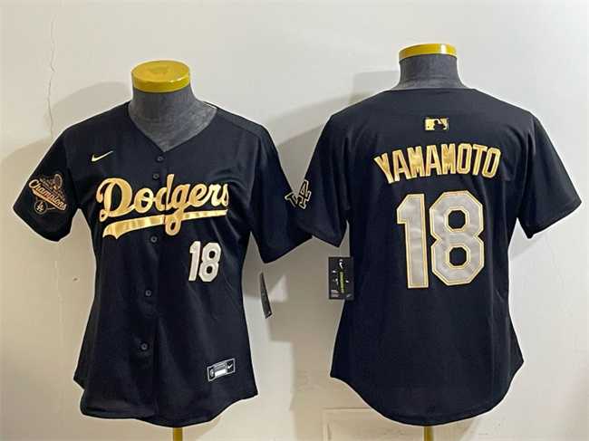 Women%27s Los Angeles Dodgers #18 Yoshinobu Yamamoto Black Gold 2025 World Series Champions Patch Limited Stitched Jersey Dzhi->mlb womens jerseys->MLB Jersey