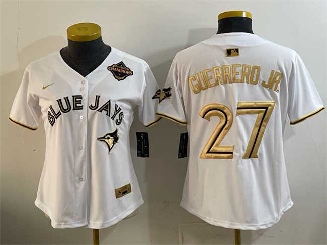 Women%27s Toronto Blue Jays #27 Vladimir Guerrero Jr. White Gold 2025 American League Champions Limited Stitched Jersey Dzhi->mlb womens jerseys->MLB Jersey