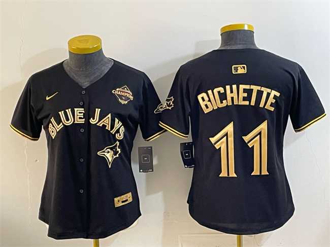 Women%27s Toronto Blue Jays #11 Bo Bichette Black Gold 2025 American League Champions Limited Stitched Jersey Dzhi->mlb womens jerseys->MLB Jersey