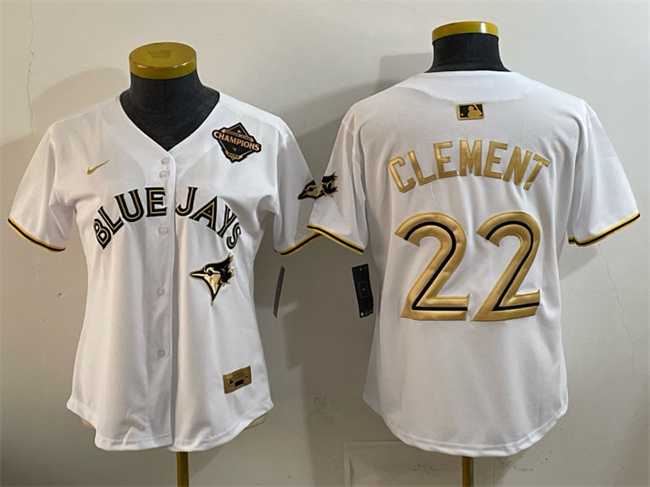 Women%27s Toronto Blue Jays #22 Ernie Clement White Gold 2025 American League Champions Limited Stitched Jersey Dzhi->mlb womens jerseys->MLB Jersey
