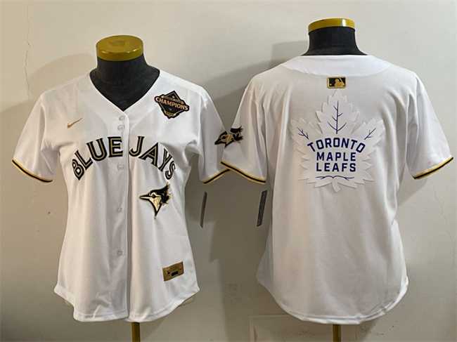 Women%27s Toronto Blue Jays & Leafs White Gold 2025 American League Champions With White Leafs Logo Limited Stitched Jersey Dzhi->mlb womens jerseys->MLB Jersey