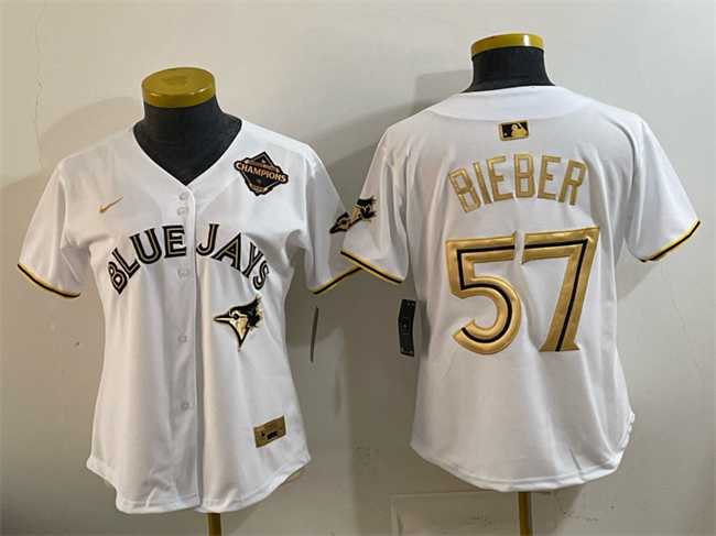 Women%27s Toronto Blue Jays #57 Shane Bieber White Gold 2025 American League Champions Limited Stitched Jersey Dzhi->mlb womens jerseys->MLB Jersey