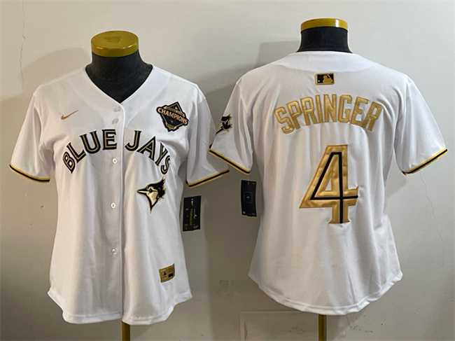 Women%27s Toronto Blue Jays #4 George Springer White Gold 2025 American League Champions Limited Stitched Jersey Dzhi->mlb womens jerseys->MLB Jersey