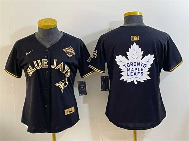 Women%27s Toronto Blue Jays & Leafs Black Gold 2025 American League Champions With White Leafs Logo Limited Stitched Jersey Dzhi->mlb womens jerseys->MLB Jersey