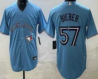 Men%27s Toronto Blue Jays #57 Shane Bieber Light Blue Cool Base Jersey->toronto blue jays->MLB Jersey