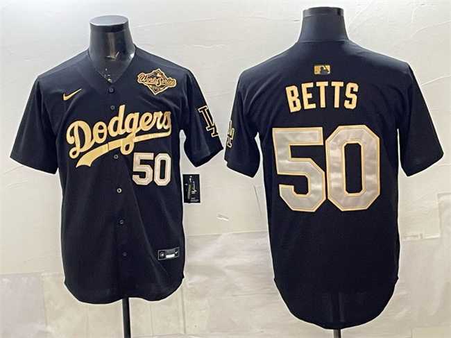 Men%27s Los Angeles Dodgers #50 Mookie Betts Black Gold 2025 World Series Patch Limited Stitched Jersey Dzhi->los angeles dodgers->MLB Jersey