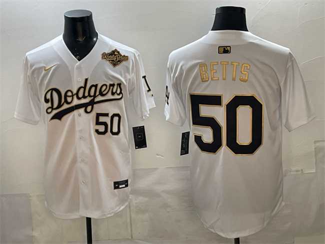 Men%27s Los Angeles Dodgers #50 Mookie Betts White Gold 2025 World Series Patch Limited Stitched Jersey Dzhi->los angeles dodgers->MLB Jersey