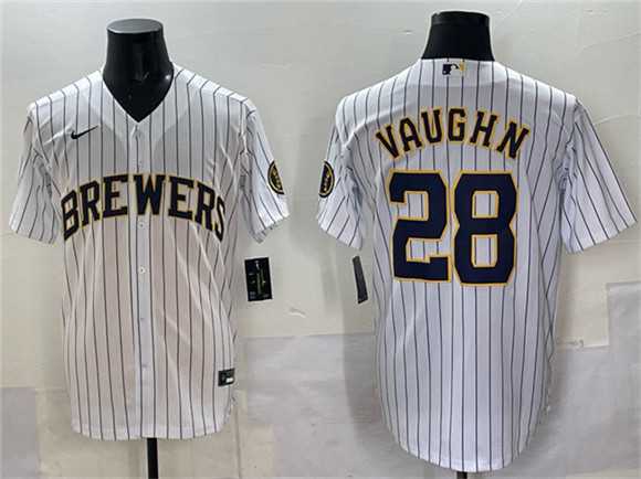 Men%27s Milwaukee Brewers #28 Andrew Vaughn White Pinstripe 2025 With Patch Stitched Jersey->milwaukee brewers->MLB Jersey