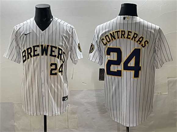 Men%27s Milwaukee Brewers #24 William Contreras White Pinstripe 2025 With Patch Stitched Stitched Jersey->milwaukee brewers->MLB Jersey