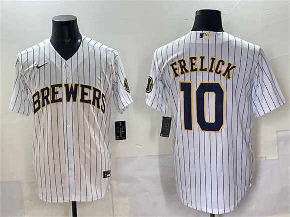 Men%27s Milwaukee Brewers #10 Sal Frelick White Pinstripe 2025 With Patch Stitched Jersey->milwaukee brewers->MLB Jersey