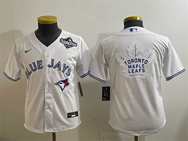 Youth Toronto Blue Jays & Leafs White 2025 World Series With White Leafs Logo Cool Base Stitched Baseball Jersey->olympics canada jerseys->NHL Jersey