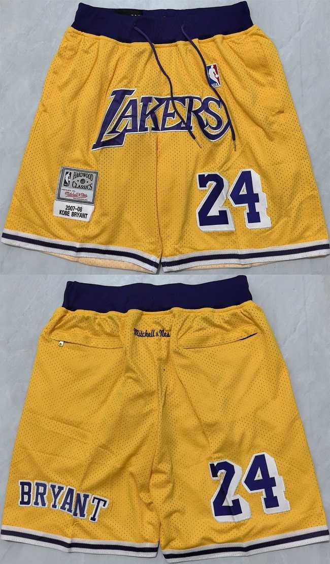 Men%27s Los Angeles Lakers #24 Kobe Bryant Yellow Shorts (Run Small)->nba shorts->NBA Jersey
