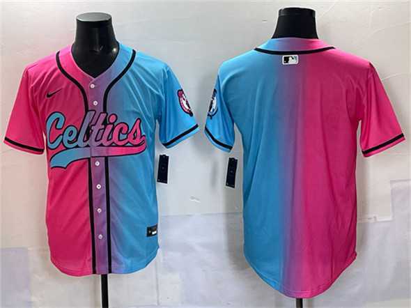 Men%27s Boston Celtics Blank Pink Blue Limited Stitched Baseball Jersey->los angeles lakers->NBA Jersey