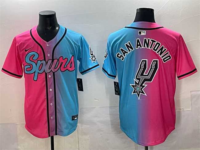 Mens San Antonio Spurs Team Big Logo Pink Blue Limited Stitched Baseball Jersey->san antonio spurs->NBA Jersey
