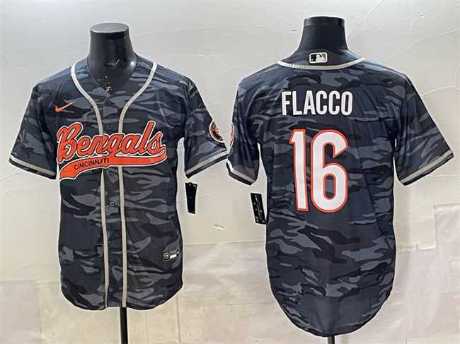 Men%27s Cincinnati Bengals #16 Joe Flacco Grey Camo With Patch Cool Base Stitched Baseball Jersey->cincinnati bengals->NFL Jersey