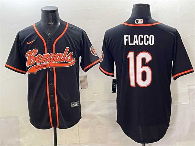 Men%27s Cincinnati Bengals #16 Joe Flacco Black With Patch Cool Base Stitched Baseball Jersey->carolina panthers->NFL Jersey