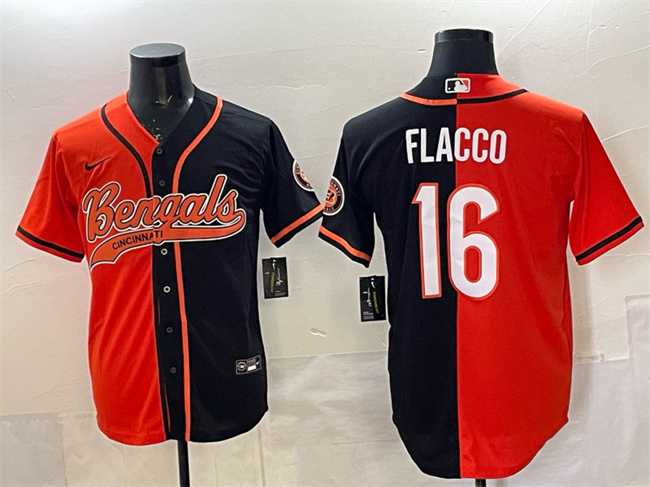 Men%27s Cincinnati Bengals #16 Joe Flacco Orange Black Split With Patch Cool Base Stitched Baseball Jersey->cincinnati bengals->NFL Jersey