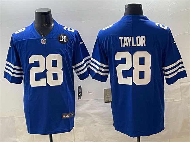 Men%27s Indianapolis Colts #28 Jonathan Taylor Blue Jim Irsay Patch Vapor Limited Stitched Jersey Dzhi->denver broncos->NFL Jersey