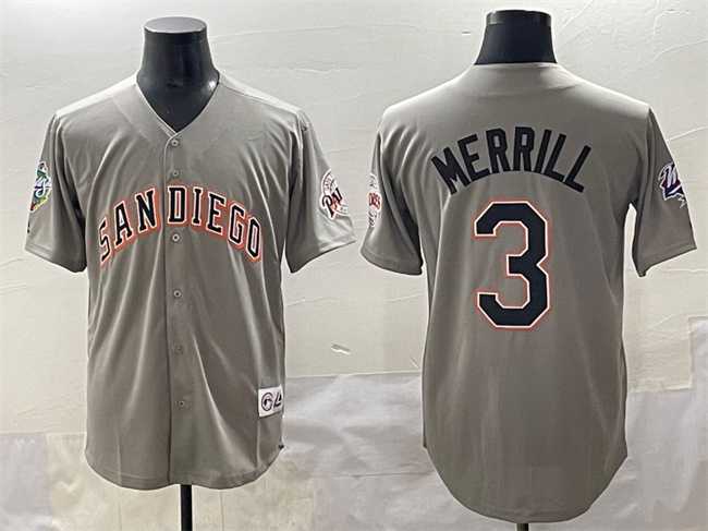 Men%27s San Diego Padres #3 Jackson Merrill Gray Fashion Throwback With Patch Cool Base Stitched Jersey->san diego padres->MLB Jersey
