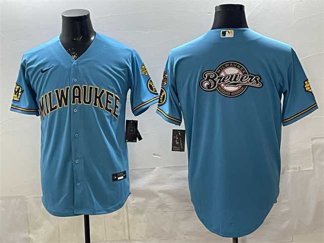 Men%27s Milwaukee Brewers Team Big Logo Blue With Home & Bob Uecker Patch Stitched Jersey Dzhi->los angeles dodgers->MLB Jersey