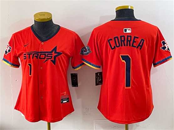 Women%27s Houston Astros #1 Carlos Correa Orange 2025 City Connect With Texas Patch Limited Stitched Jersey->mlb womens jerseys->MLB Jersey