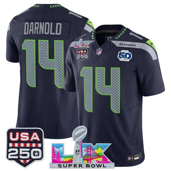 Men%27s Seattle Seahawks #14 Sam Darnold Navy 2025 F.U.S.E. Super Bowl LX Patch And 50th Season & USA 250%27 Patch Vapor Throwback Limited Stitched Jersey->seattle seahawks->NFL Jersey