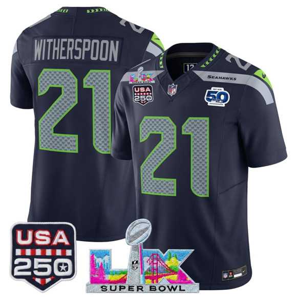 Men%27s Seattle Seahawks #21 Devon Witherspoon Navy 2025 F.U.S.E. Super Bowl LX Patch And 50th Season & USA 250%27 Patch Vapor Limited Stitched Jersey->seattle seahawks->NFL Jersey