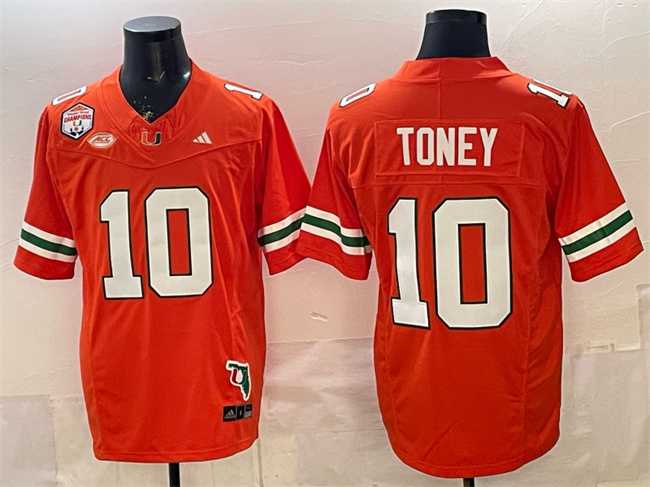 Mens Miami Hurricanes #10 Malachi Toney Orange F.U.S.E. Fiesta Bowl Champions & Florida Patch Stitched Football Jersey->miami hurricanes->NCAA Jersey