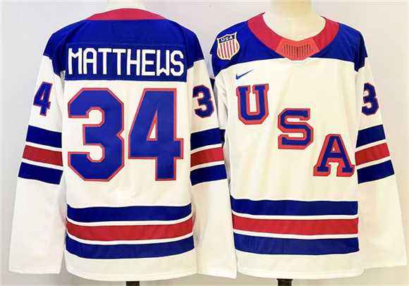 Mens USA #34 Auston Matthews White 2025-2026 Stitched Jersey->olympics usa jerseys->NHL Jersey