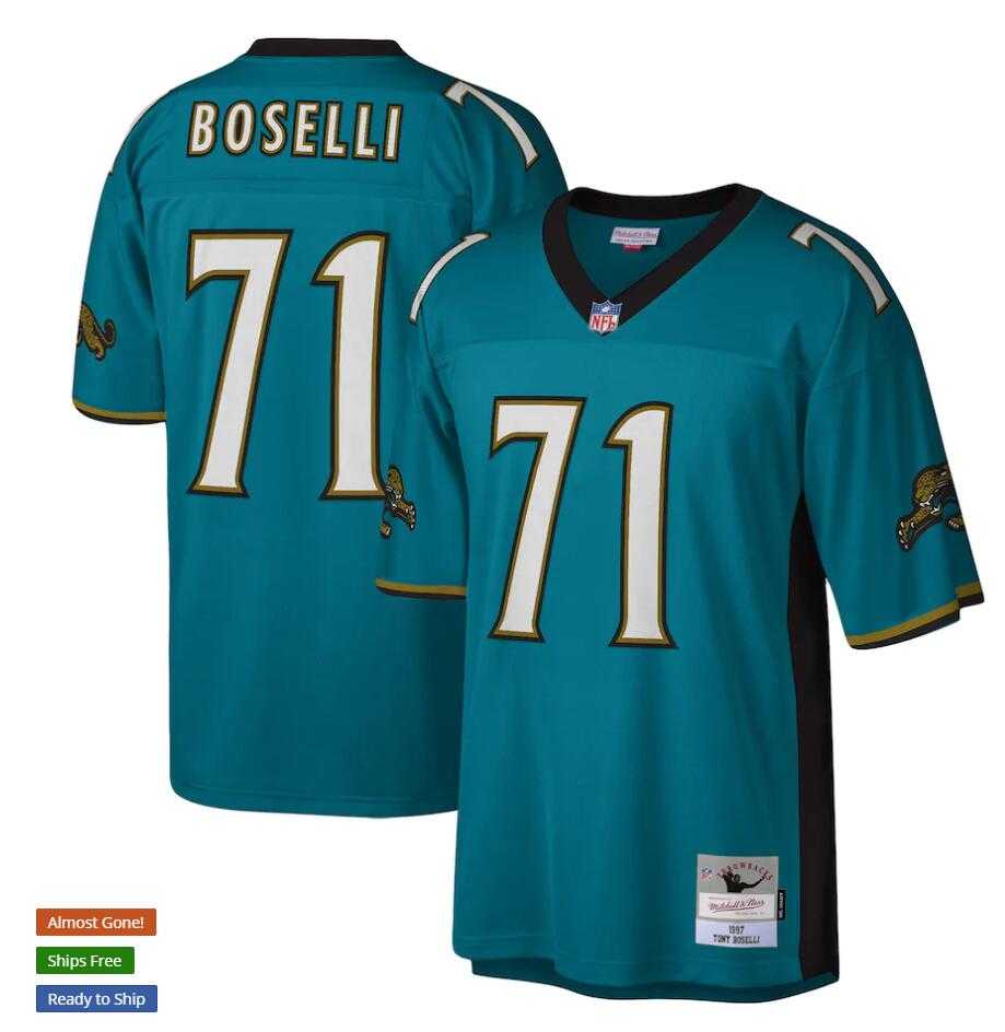 Men%27s Jacksonville Jaguars #71 Tony Boselli 1997 Mitchell & Ness Teal NFL Throwback Jersey->jacksonville jaguars->NFL Jersey