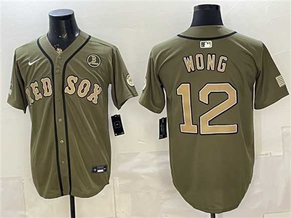 Mens Boston Red Sox #12 Connor Wong Olive Armed Forces Day Cool Base Stitched Jersey Dzhi->boston red sox->MLB Jersey