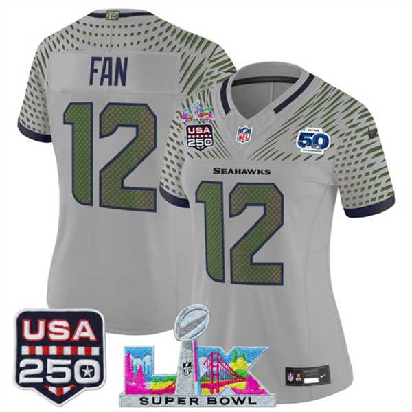 Women%27s Seattle Seahawks #12 Fan Gray 2025 F.U.S.E. Super Bowl LX & US 250th anniversary Patch And 50th Season Patch Rivalries Vapor Limited Stitched Jersey->seattle seahawks->NFL Jersey