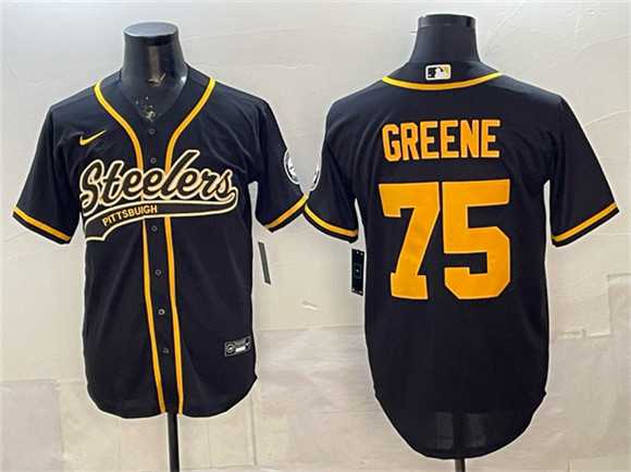 Mens Pittsburgh Steelers #75 Joe Greene Black With Patch Cool Base Stitched Baseball Jersey->pittsburgh steelers->NFL Jersey