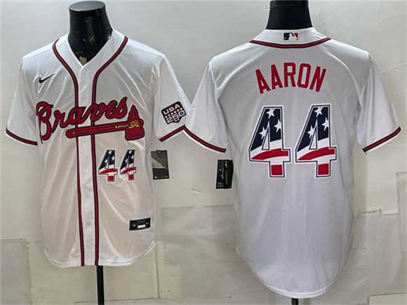 Men%27s Atlanta Braves #44 Hank Aaron White USA 250 Fourth of July Home Stadium Stitched Jersey Dzhi->atlanta braves->MLB Jersey