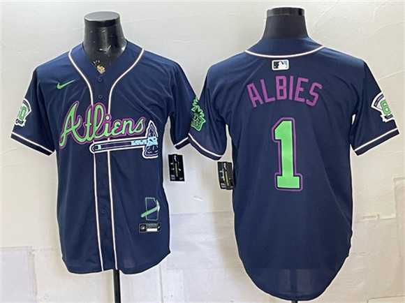 Men%27s Atlanta Braves #1 Ozzie Albies Navy Galaxy With Outkast Patch Vapor Limited Stitched Jersey Dzhi->customized nfl jersey->Custom Jersey