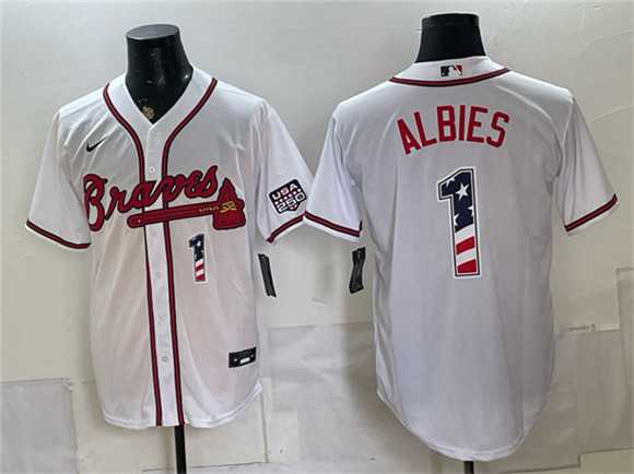 Men%27s Atlanta Braves #1 Ozzie Albies White USA 250 Fourth of July Home Stadium Stitched Jersey Dzhi->arizona diamondbacks->MLB Jersey