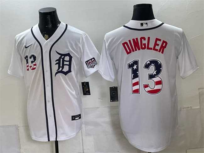 Men%27s Detroit Tigers #13 Dillon Dingler White 2026 USA 250 Fourth of July Stitched Jersey Dzhi->detroit tigers->MLB Jersey