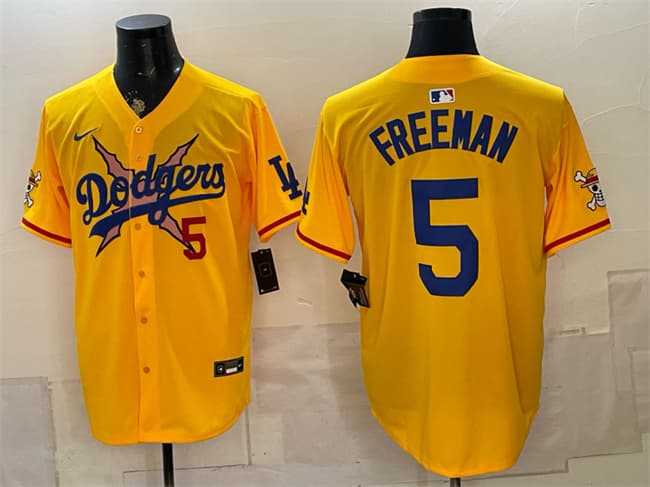 Men%27s Los Angeles Dodgers x One Piece #5 Freddie Freeman Yellow Vapor Premier Limited Stitched Jersey Dzhi->los angeles dodgers->MLB Jersey