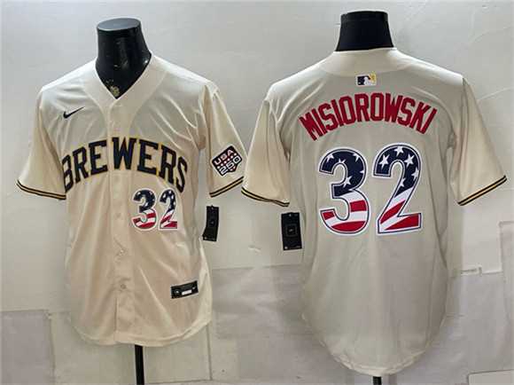 Men%27s Milwaukee Brewers #32 Jacob Misiorowski Cream 2026 USA 250 Fourth of July Home Stadium Stitched Jersey Dzhi->minnesota twins->MLB Jersey