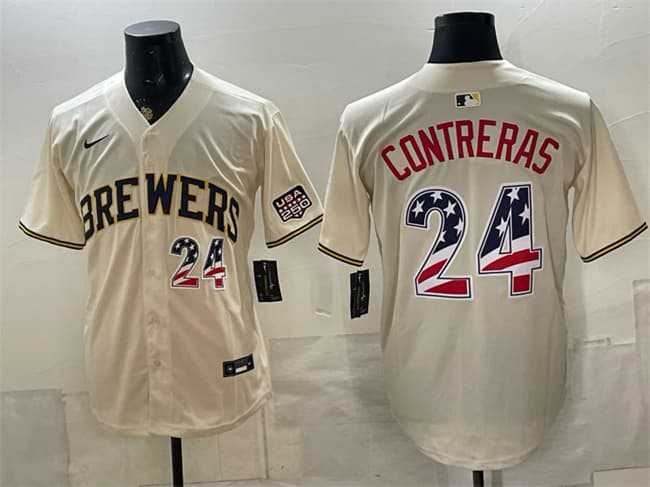 Men%27s Milwaukee Brewers #24 William Contreras Cream 2026 USA 250 Fourth of July Home Stadium Stitched Jersey Dzhi->minnesota twins->MLB Jersey
