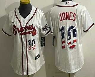 Women%27s Atlanta Braves #10 Chipper Jones White USA 250 Fourth of July Home Stadium Stitched Jersey Dzhi->toronto blue jays->MLB Jersey