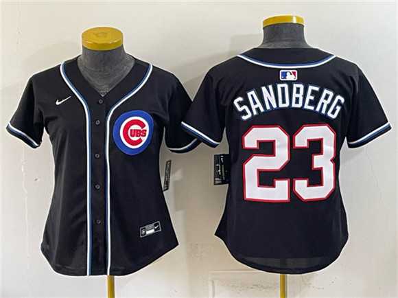 Women%27s Chicago Cubs #23 Ryne Sandberg 2026 Fashion Replica Black Out Stitched Jersey(Run Small)->mlb womens jerseys->MLB Jersey