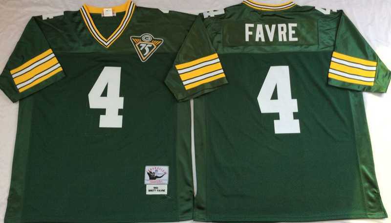 Mens Green Bay Packers #4 Brett Favre Green Throwback Stitched Football Jersey->green bay packers->NFL Jersey